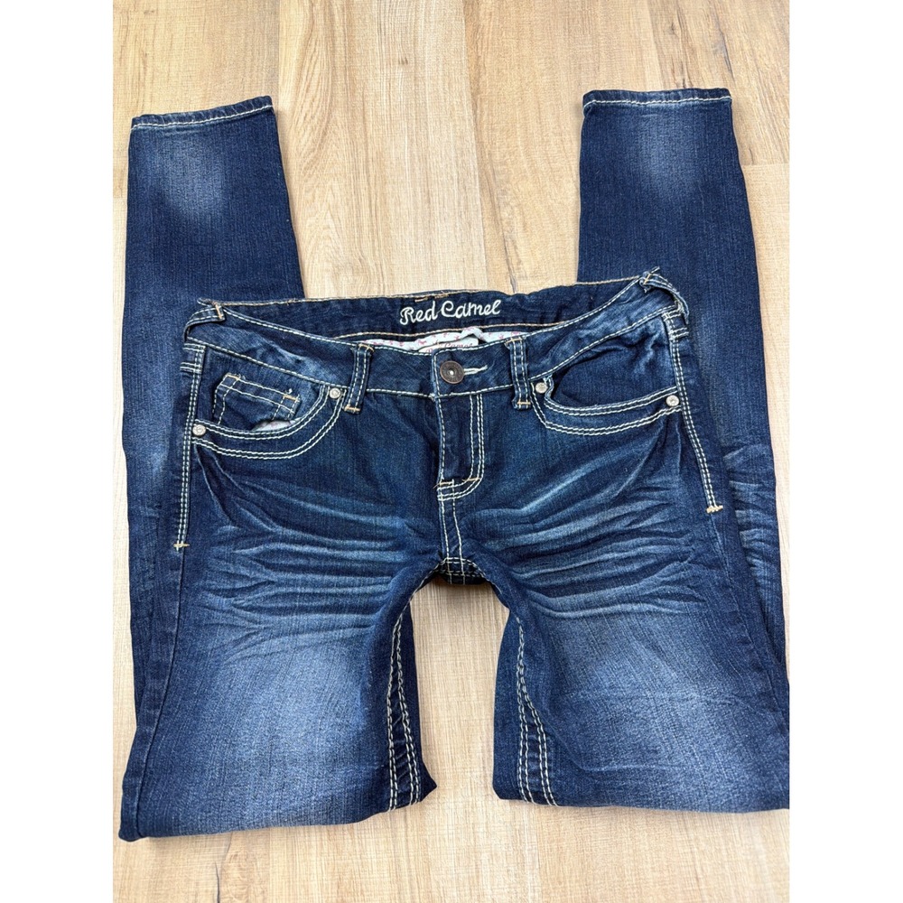 Y2K Low Rise Red Camel Scarlett Skinny Jeans Thick Stitch  Embroidered Size 9‎